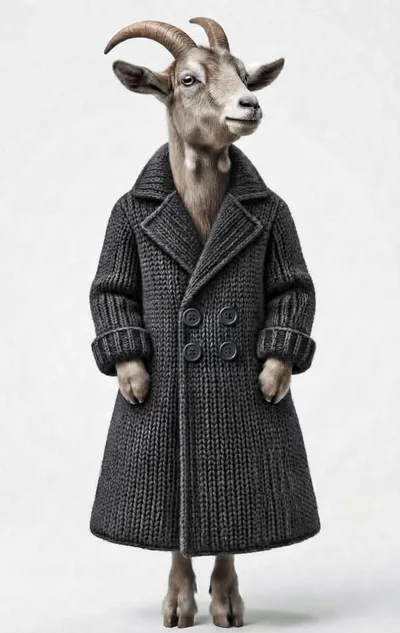 Anthropomorphic Goat Wearing A Stylish Knitted Coat