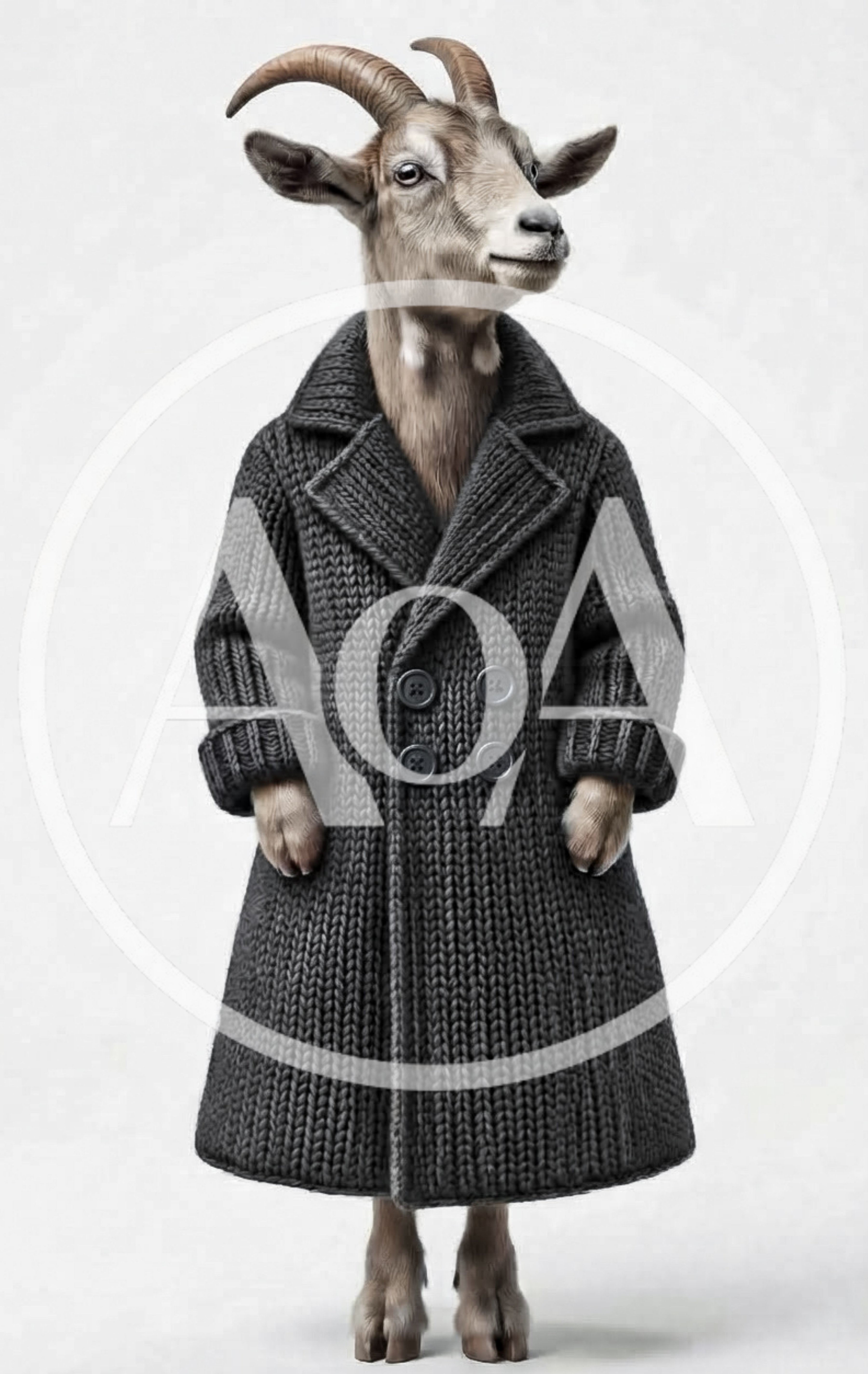 Anthropomorphic Goat Wearing A Stylish Knitted Coat