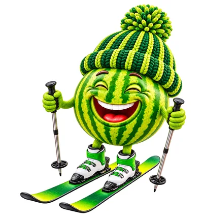 Cheerful Watermelon Character Skiing With Poles