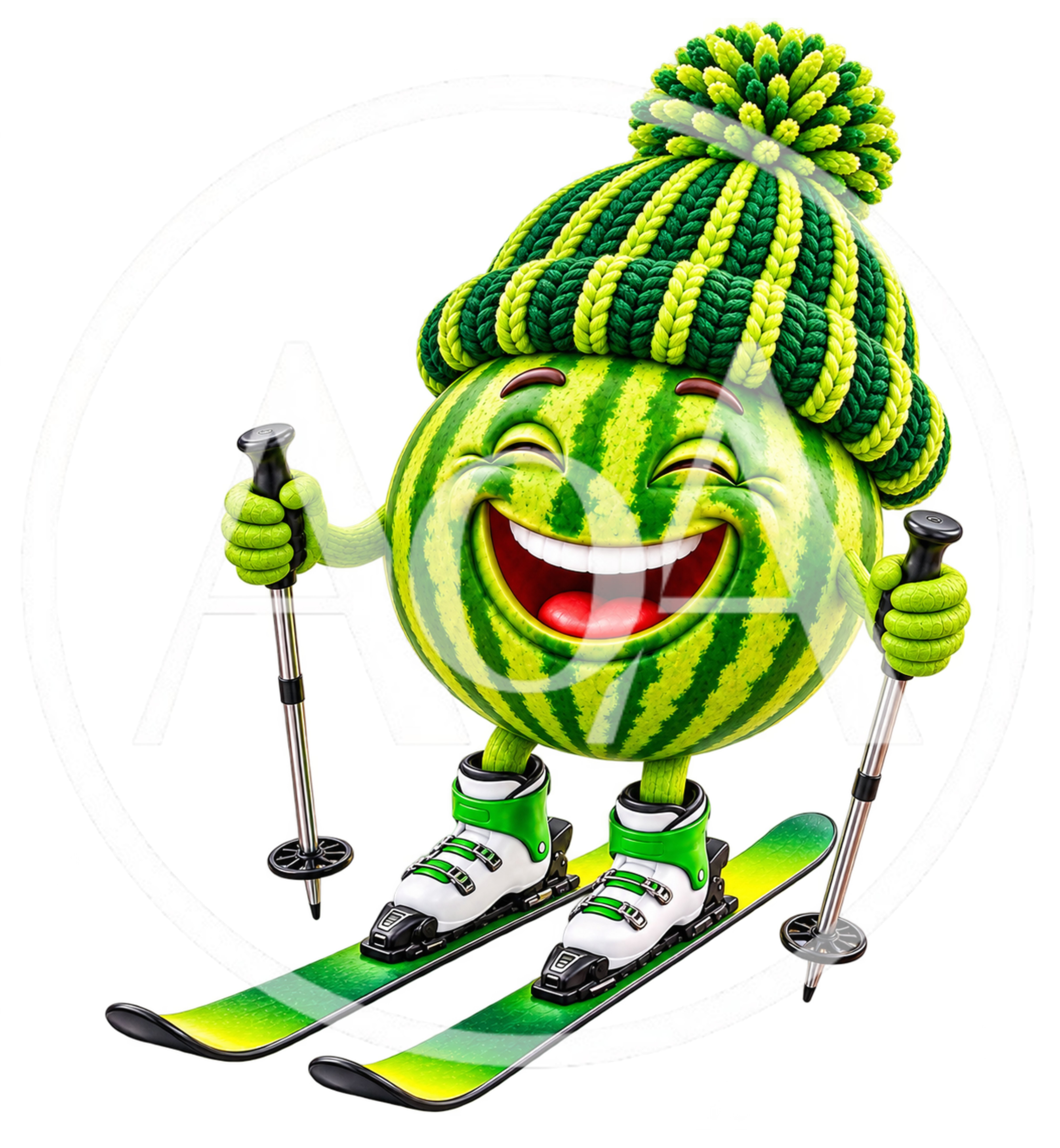 Cheerful Watermelon Character Skiing With Poles