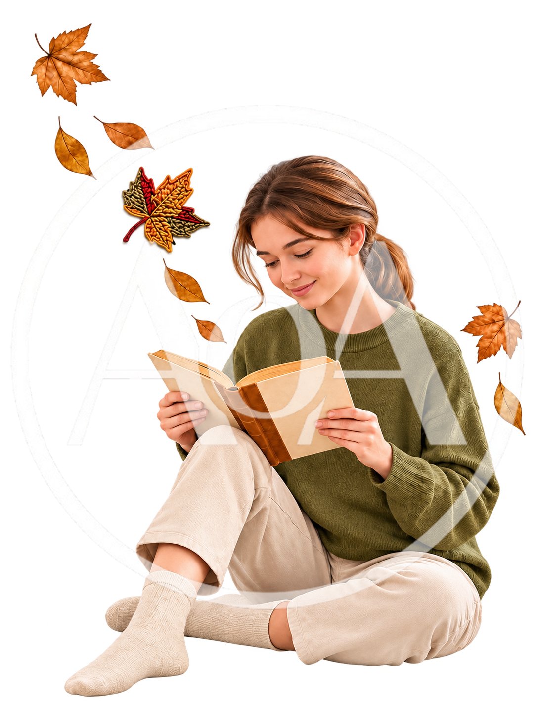 Young Woman Reading A Book Surrounded By Autumn Leaves