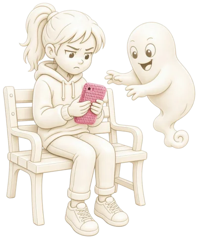 Girl Sitting On Bench Looking At Pink Smartphone