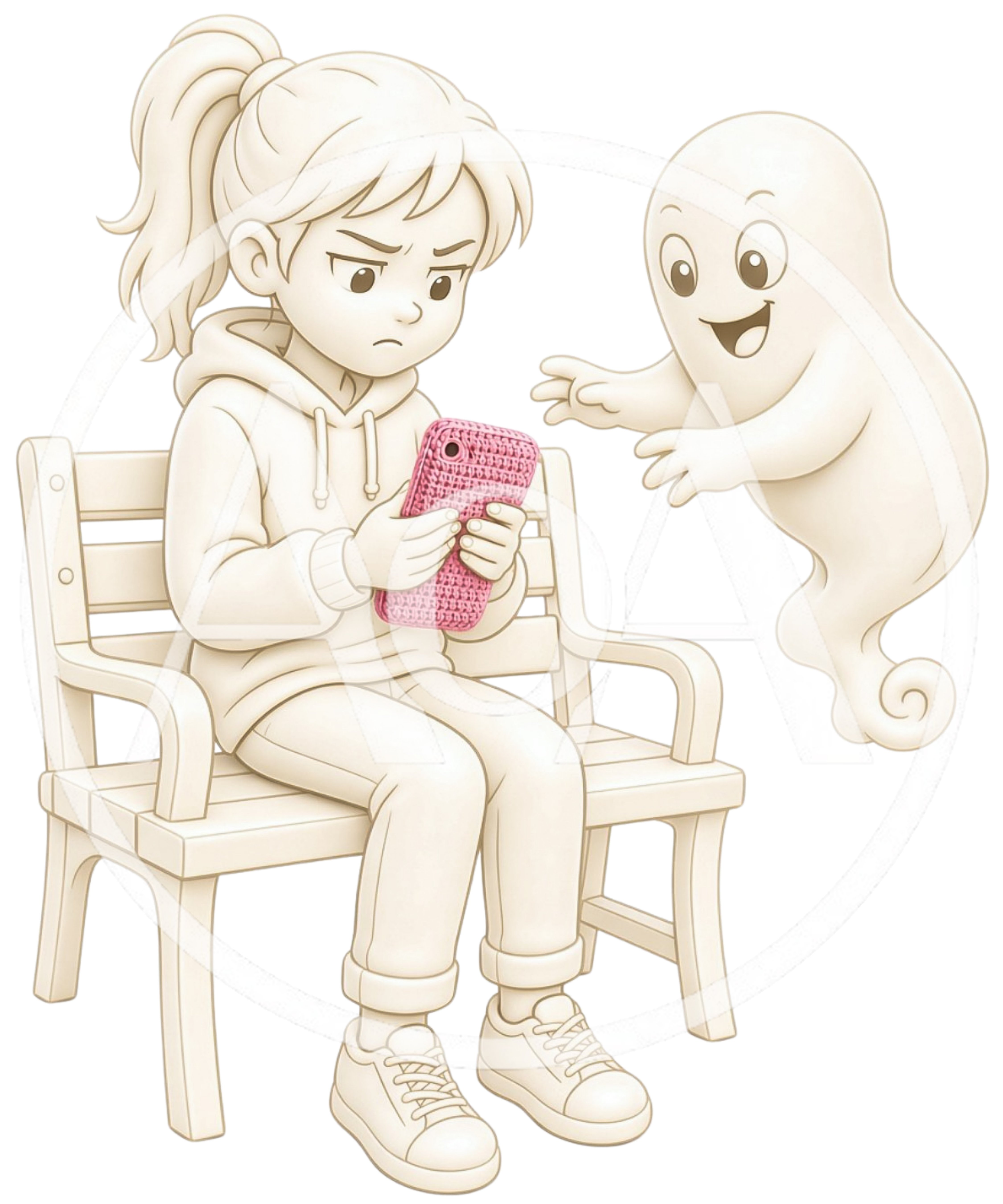 Girl Sitting On Bench Looking At Pink Smartphone