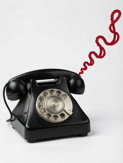 Vintage Black Rotary Telephone With Red Knitted Cord