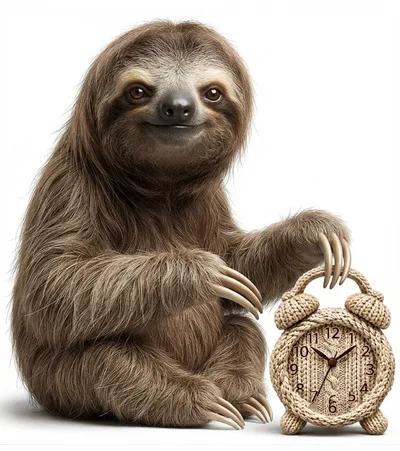 Cute Sloth Holding A Knitted Alarm Clock