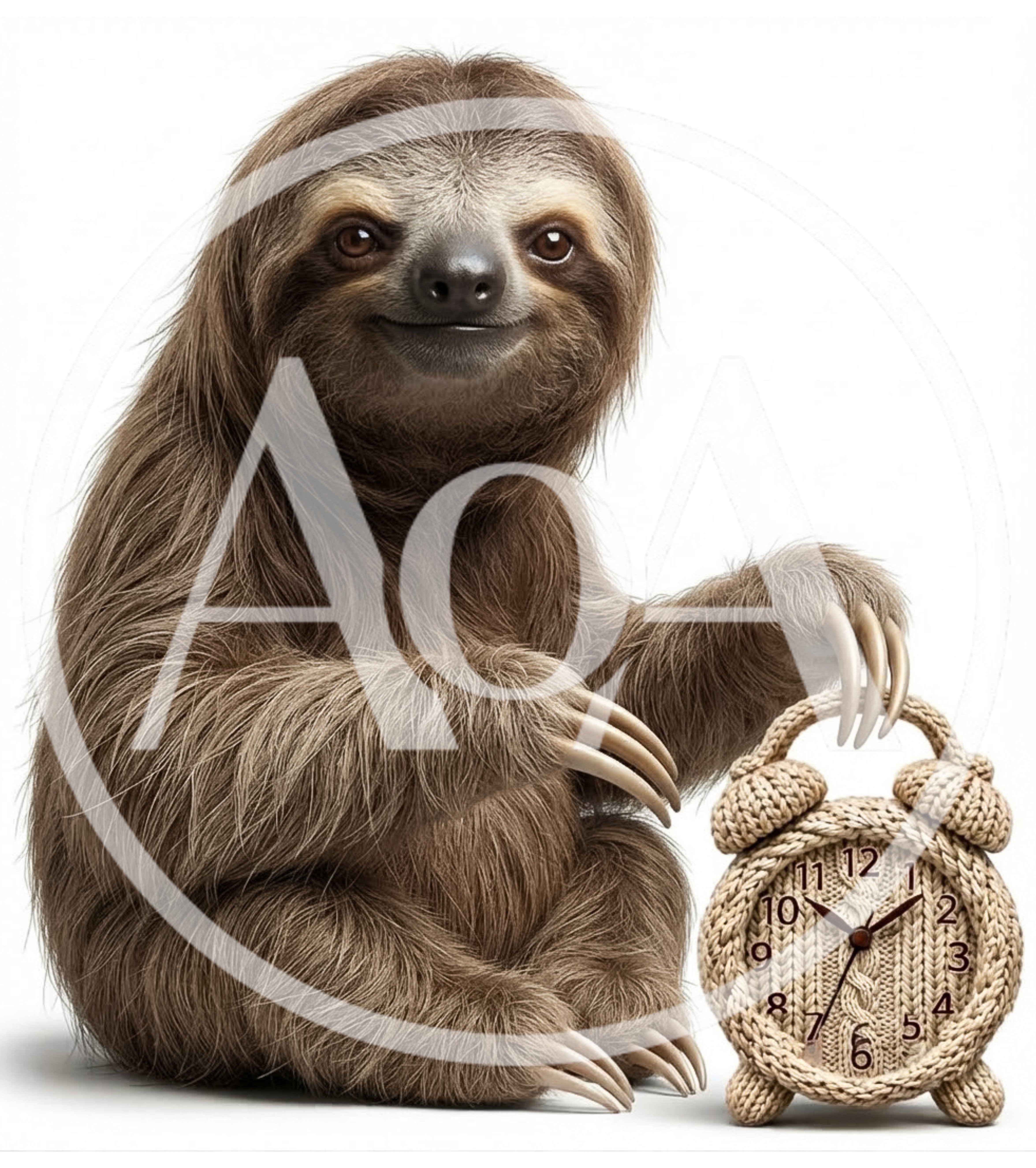 Cute Sloth Holding A Knitted Alarm Clock