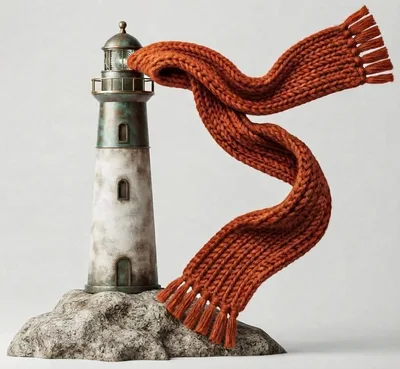 Lighthouse Sculpture Wrapped In A Knitted Orange Scarf