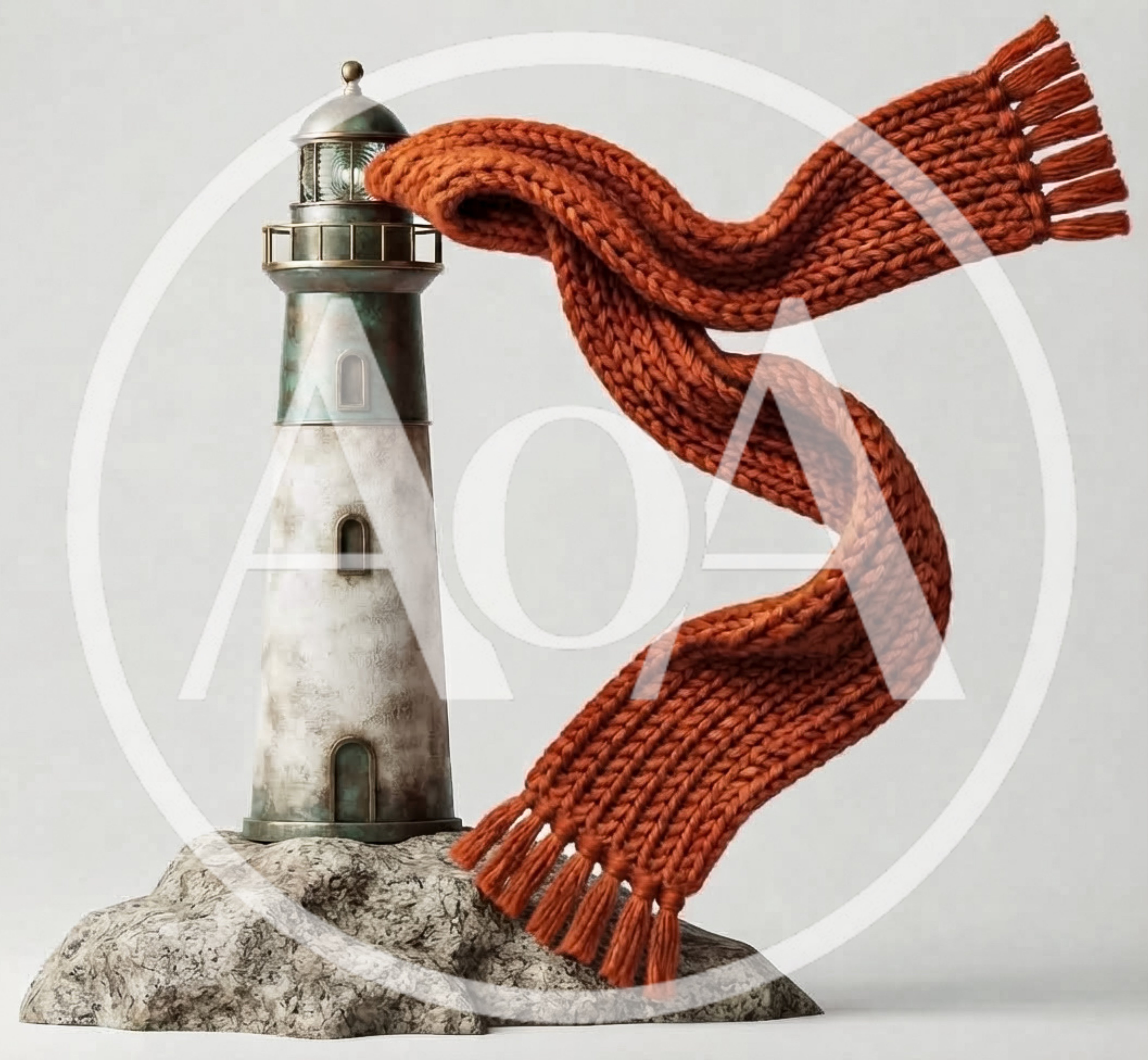 Lighthouse Sculpture Wrapped In A Knitted Orange Scarf