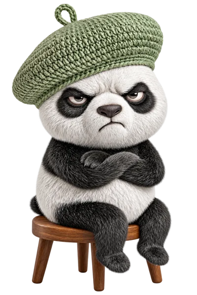 Grumpy Panda Wearing A Green Crochet Beret