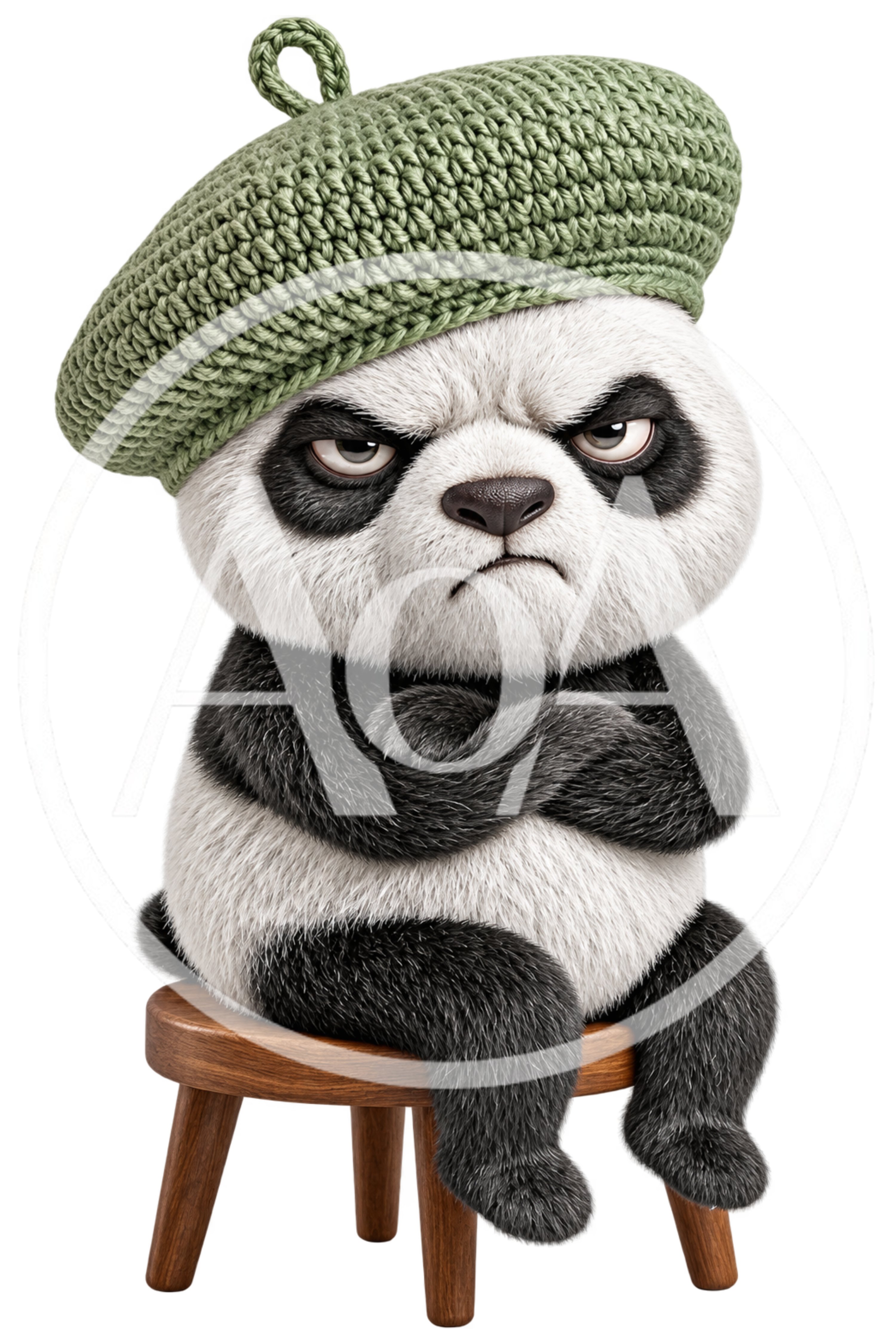 Grumpy Panda Wearing A Green Crochet Beret