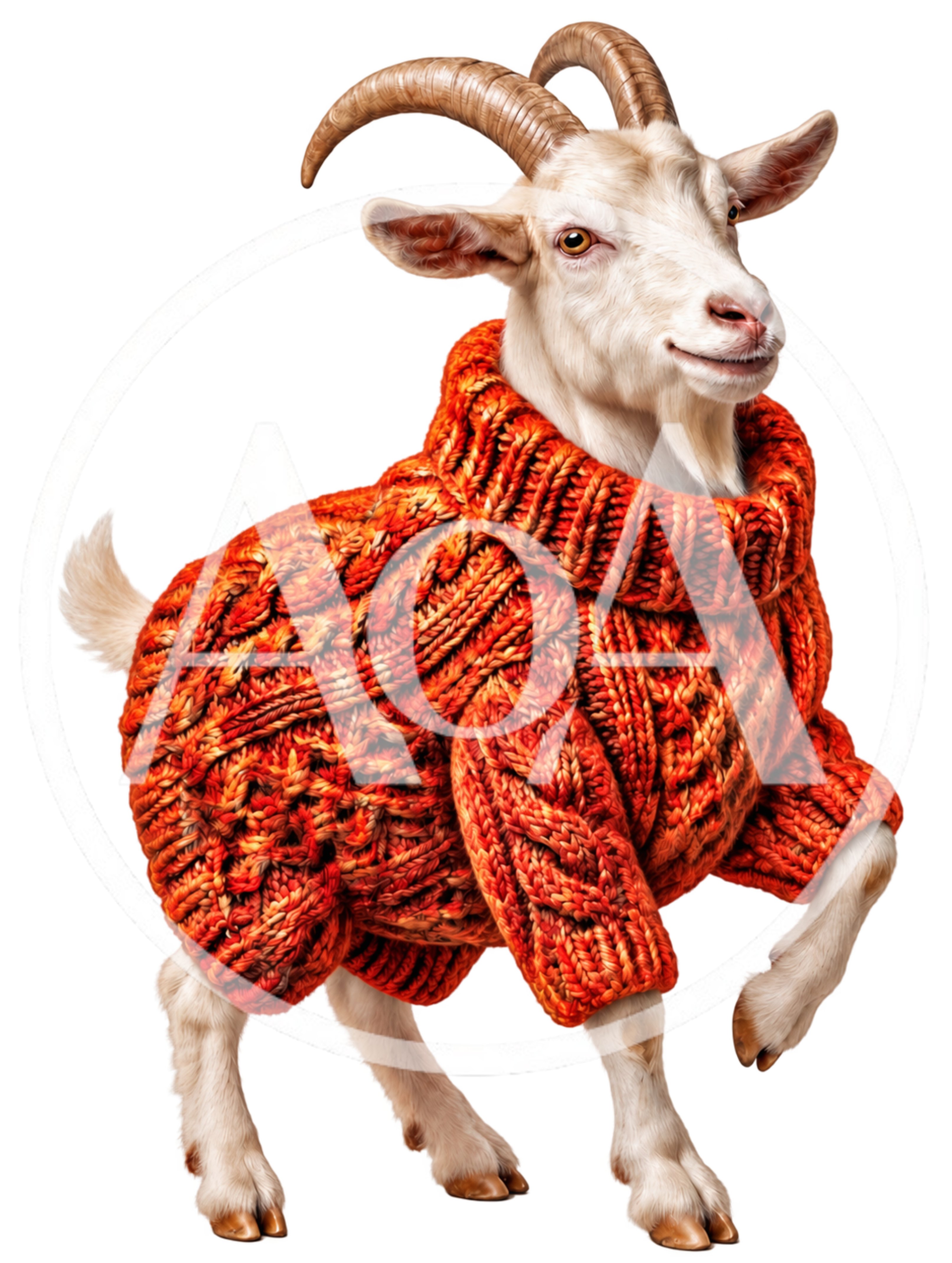 Goat Wearing A Cozy Orange Cable Knit Sweater