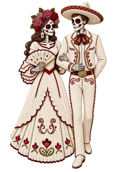 Dia De Los Muertos Skeleton Couple In Traditional Attire