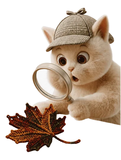 Cute Detective Cat Examining A Crocheted Maple Leaf