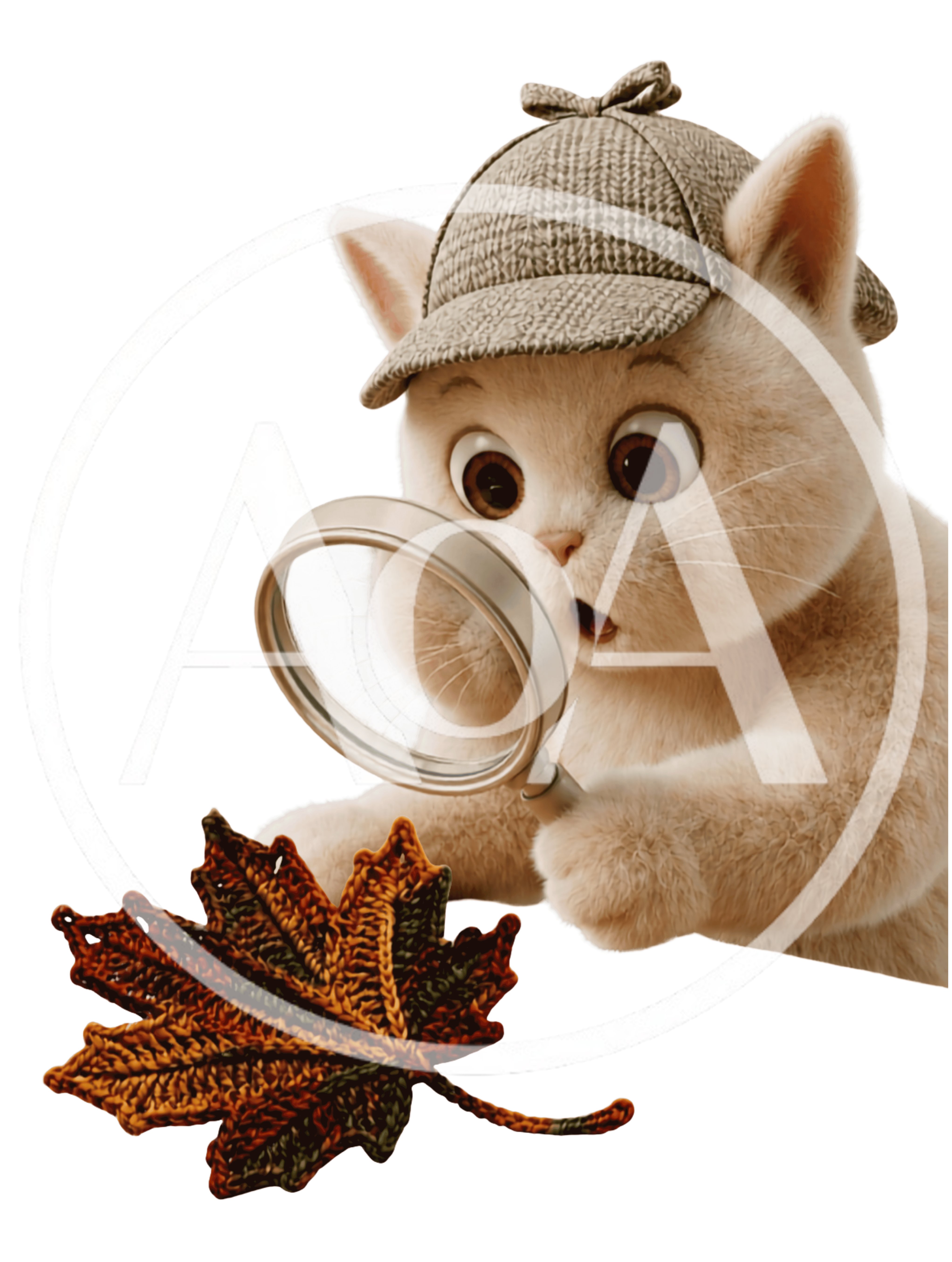 Cute Detective Cat Examining A Crocheted Maple Leaf