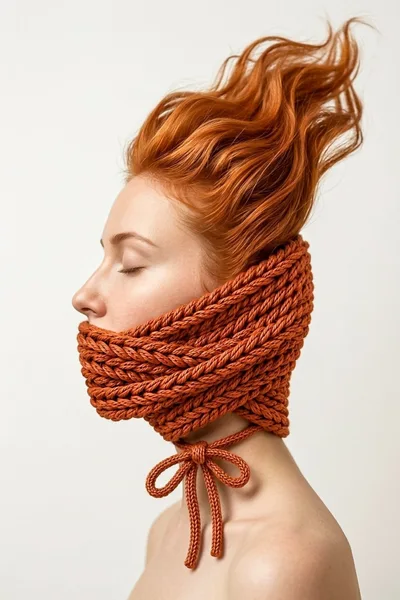 Woman With Red Hair Wearing A Knitted Mouth Covering
