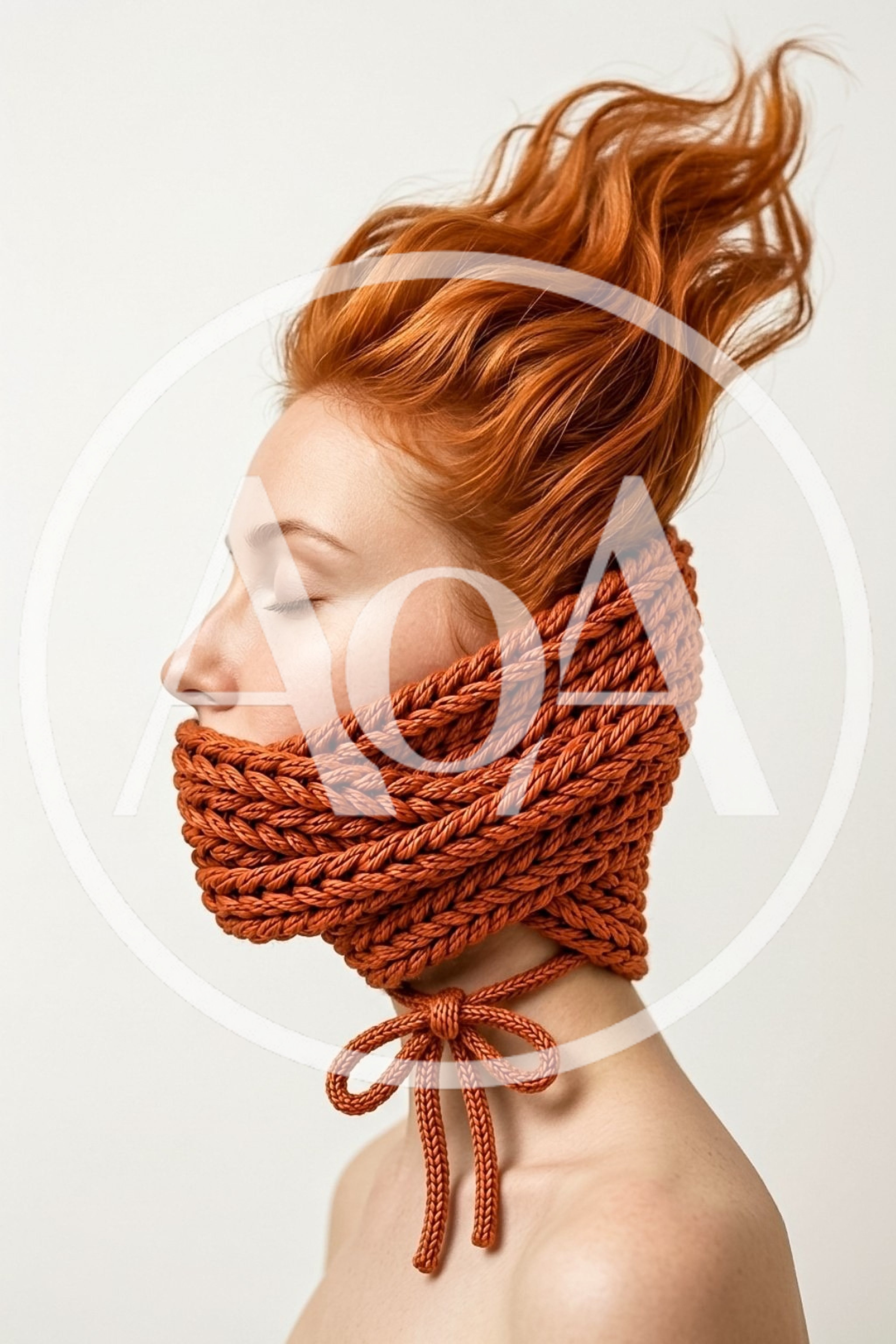 Woman With Red Hair Wearing A Knitted Mouth Covering
