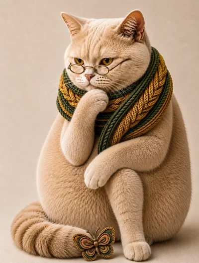 Thoughtful Cat Wearing Glasses And A Knitted Scarf