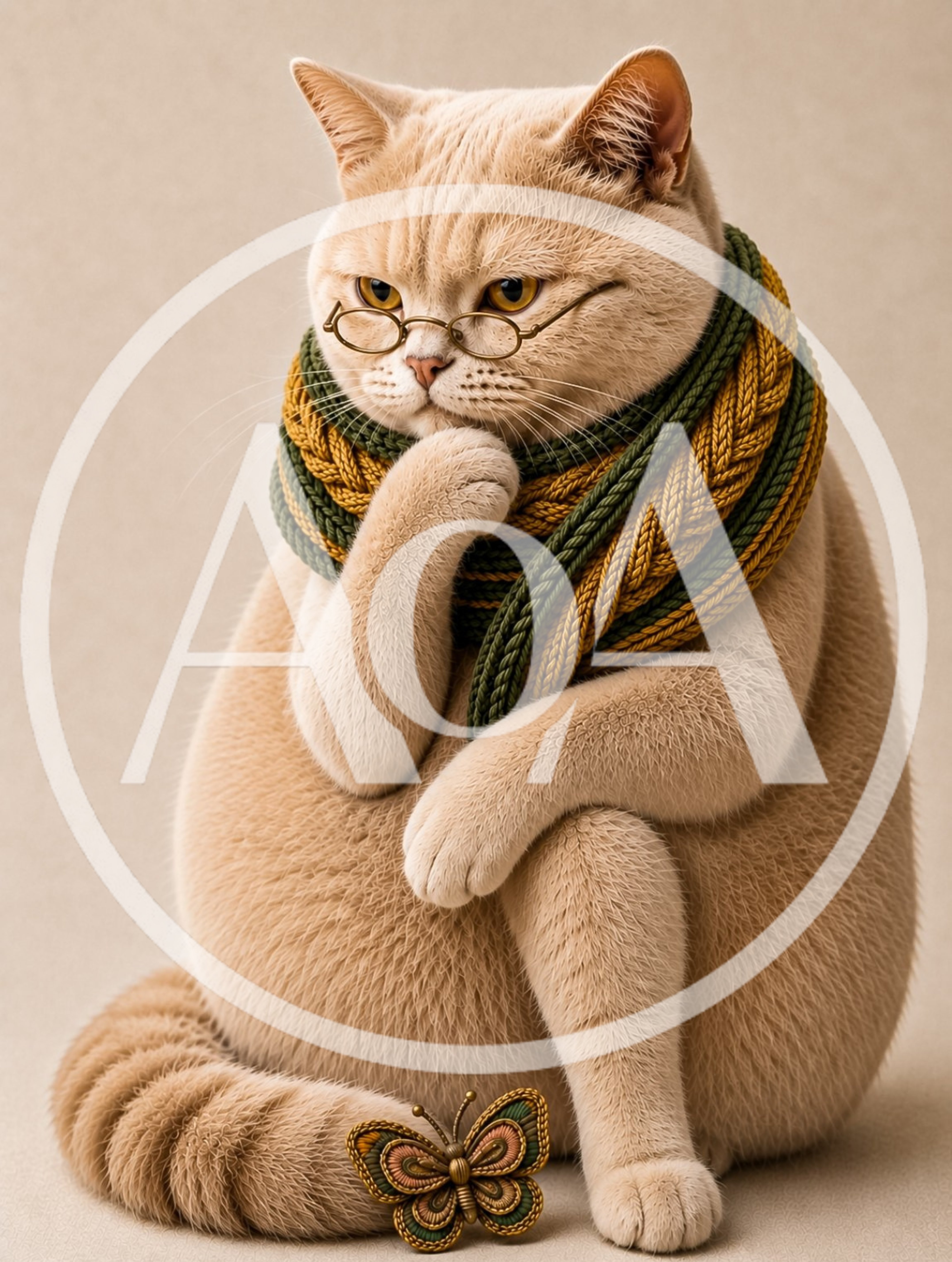 Thoughtful Cat Wearing Glasses And A Knitted Scarf