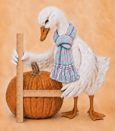 Goose Measuring A Pumpkin With A Wooden Square