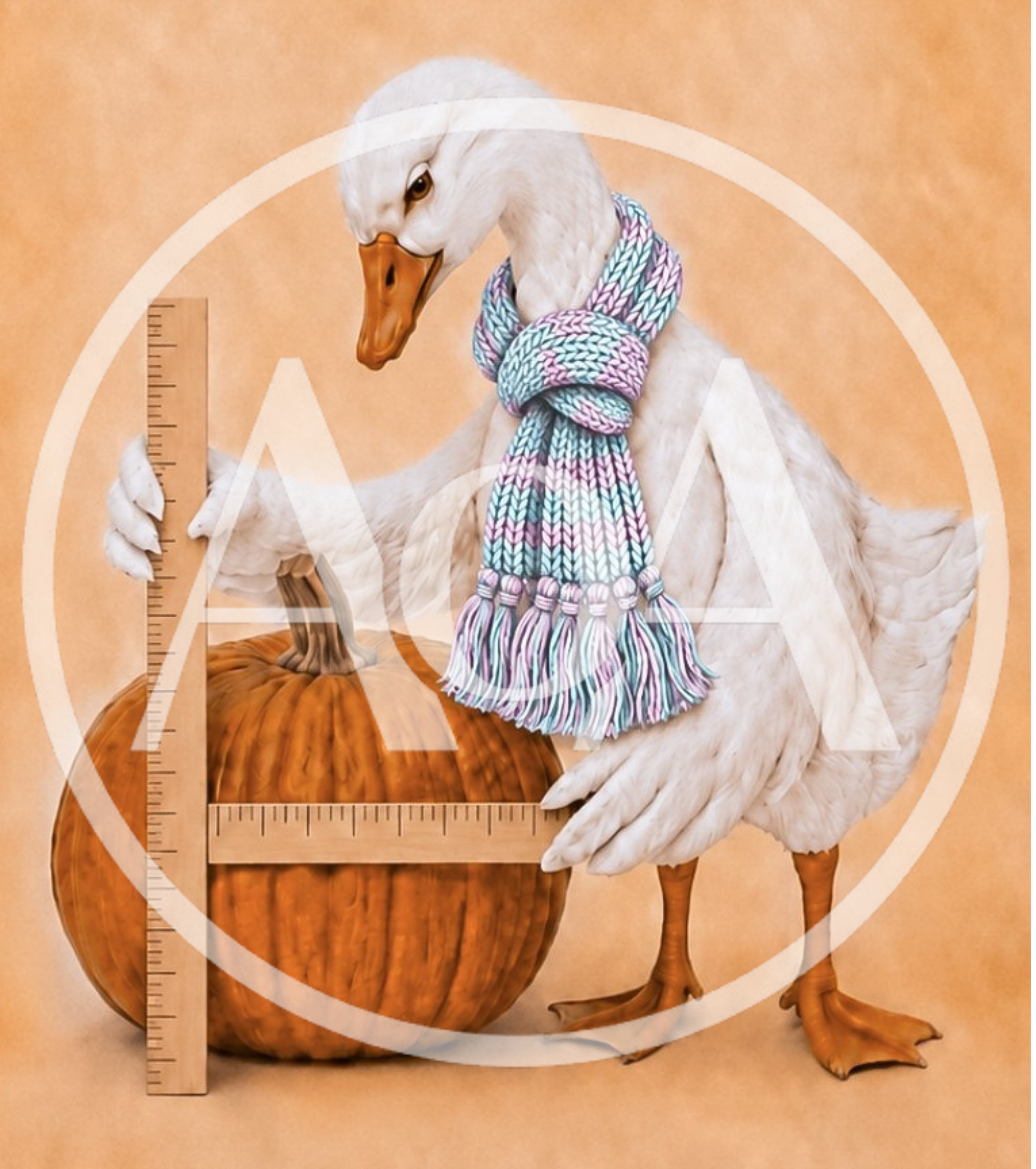 Goose Measuring A Pumpkin With A Wooden Square