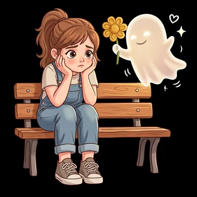 Sad Girl Sitting On Bench With Friendly Ghost