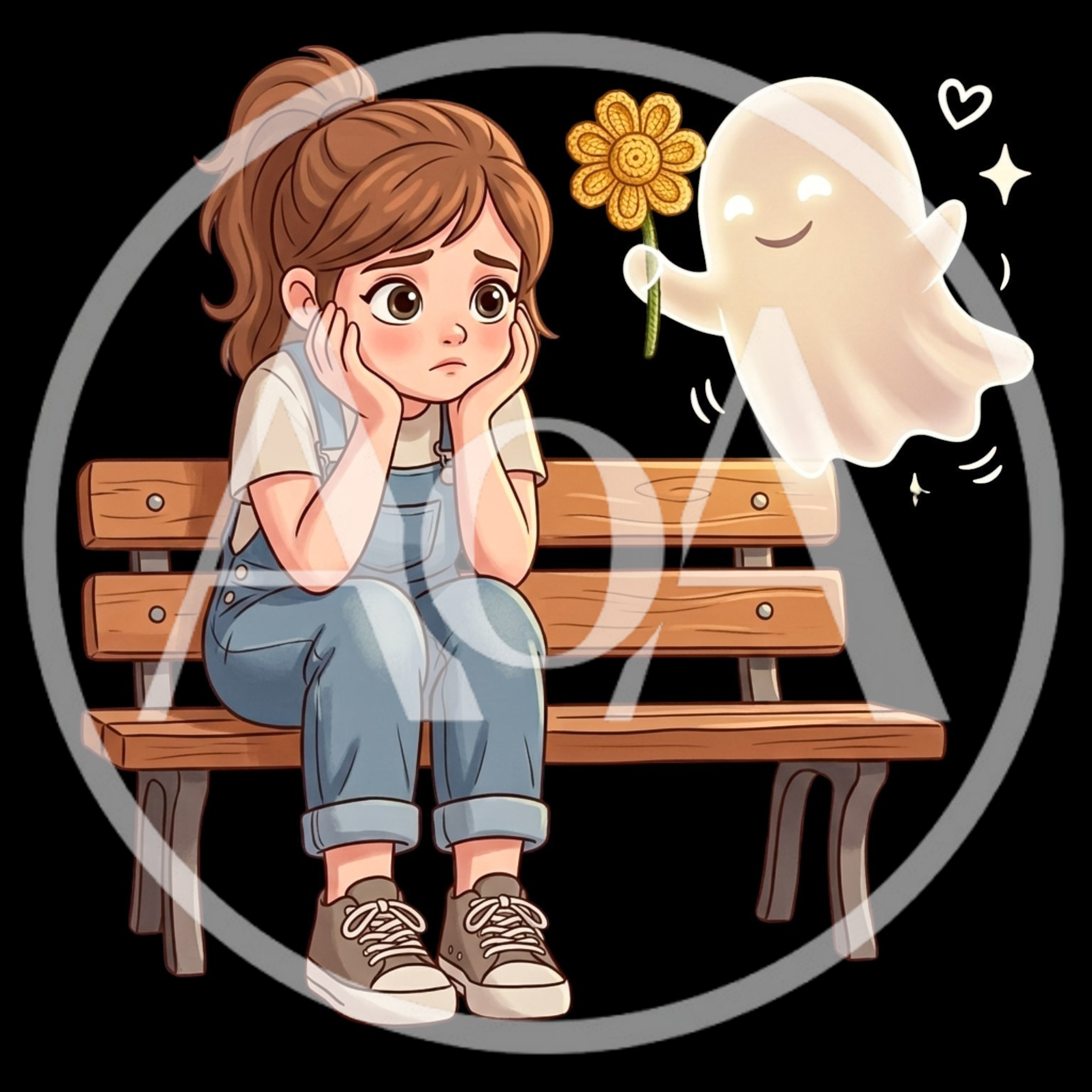 Sad Girl Sitting On Bench With Friendly Ghost