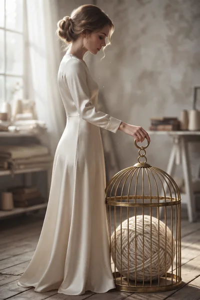 Elegant Woman Holding A Golden Birdcage With Yarn