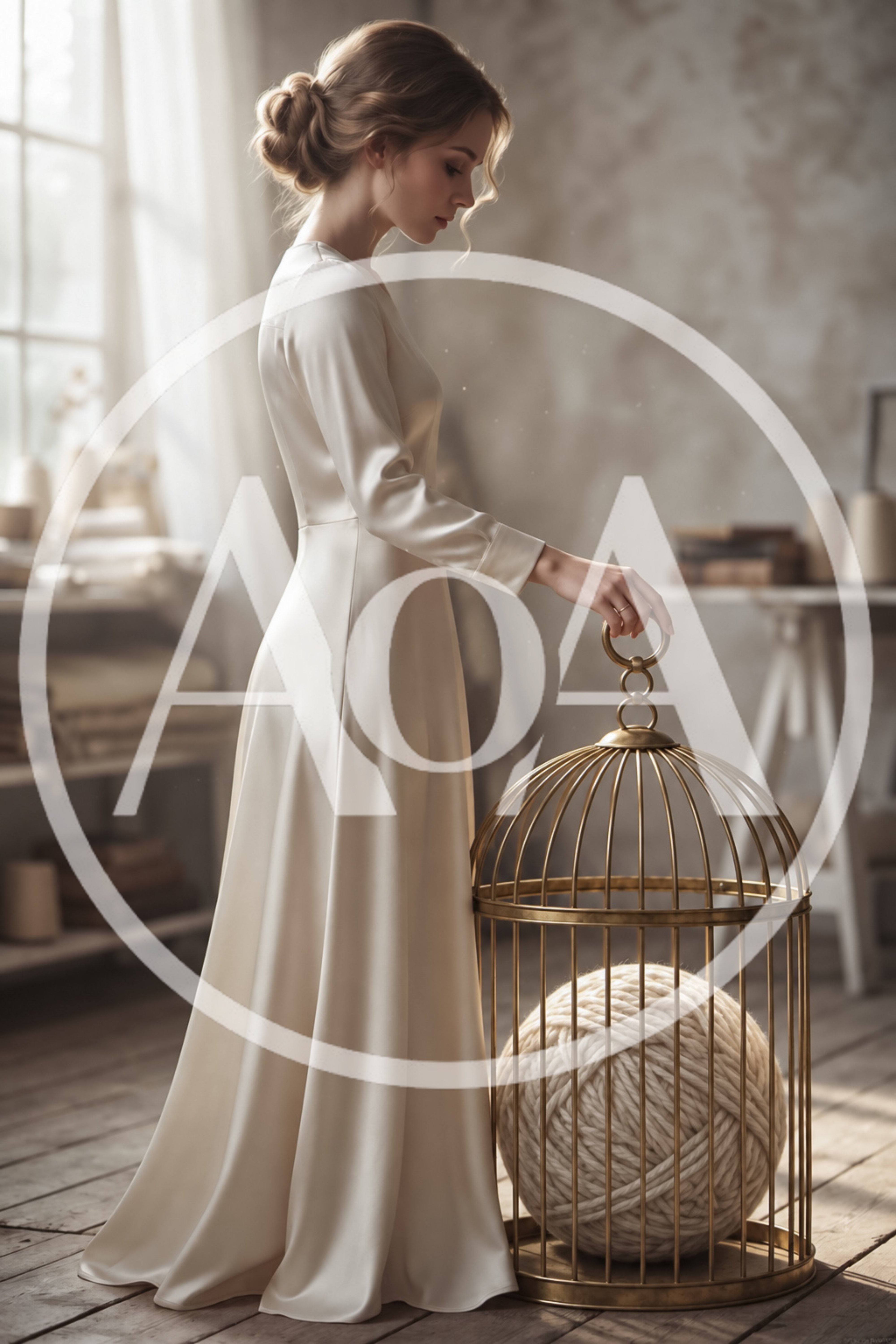 Elegant Woman Holding A Golden Birdcage With Yarn