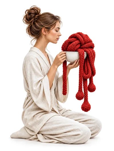 Woman Holding A Bowl Of Red Knitted Yarn