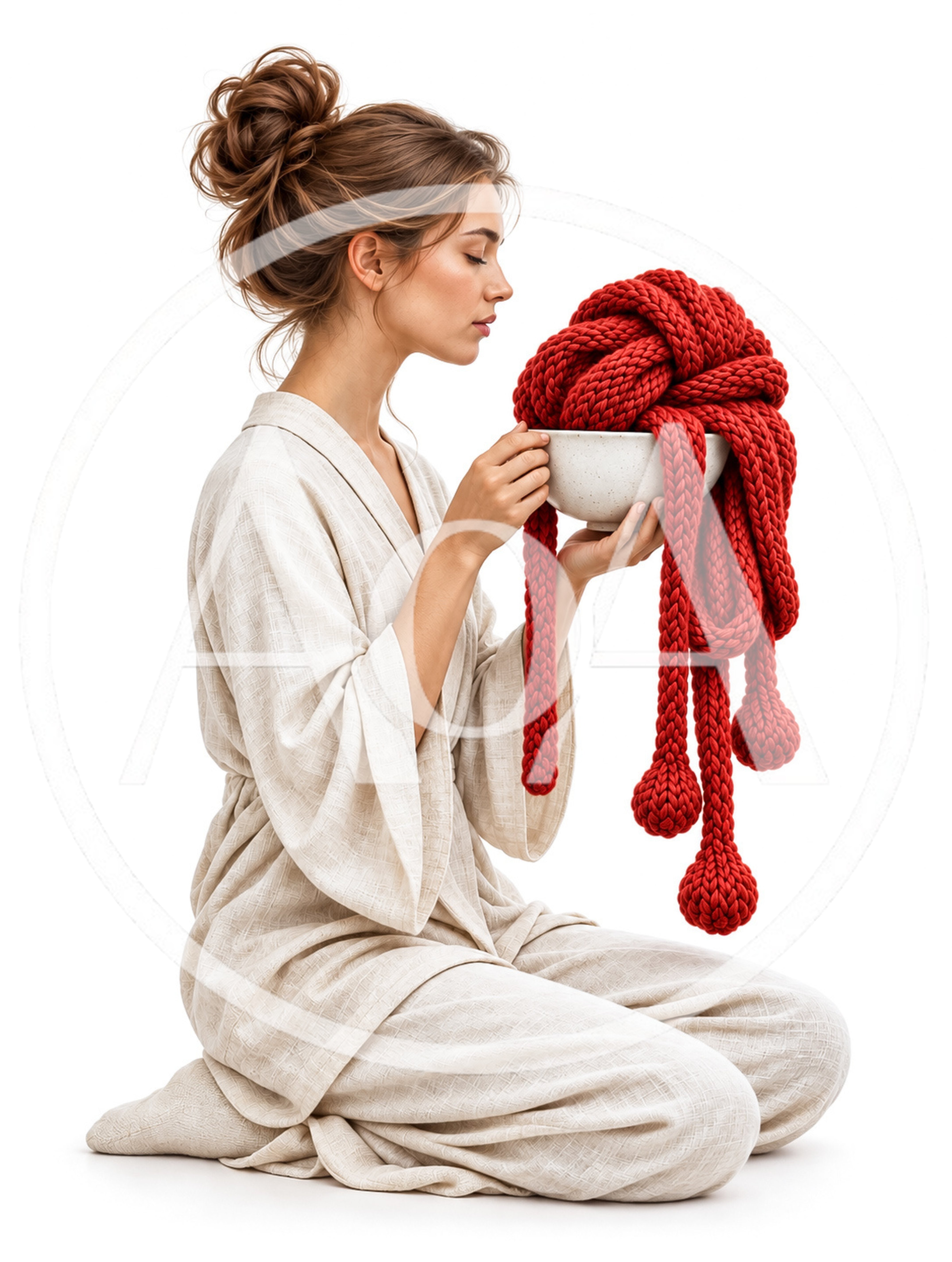 Woman Holding A Bowl Of Red Knitted Yarn