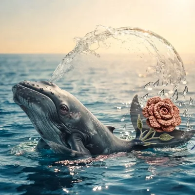 Surreal Humpback Whale With A Crocheted Rose