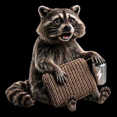 Surprised Raccoon Holding A Knitted Laptop Case And Battery