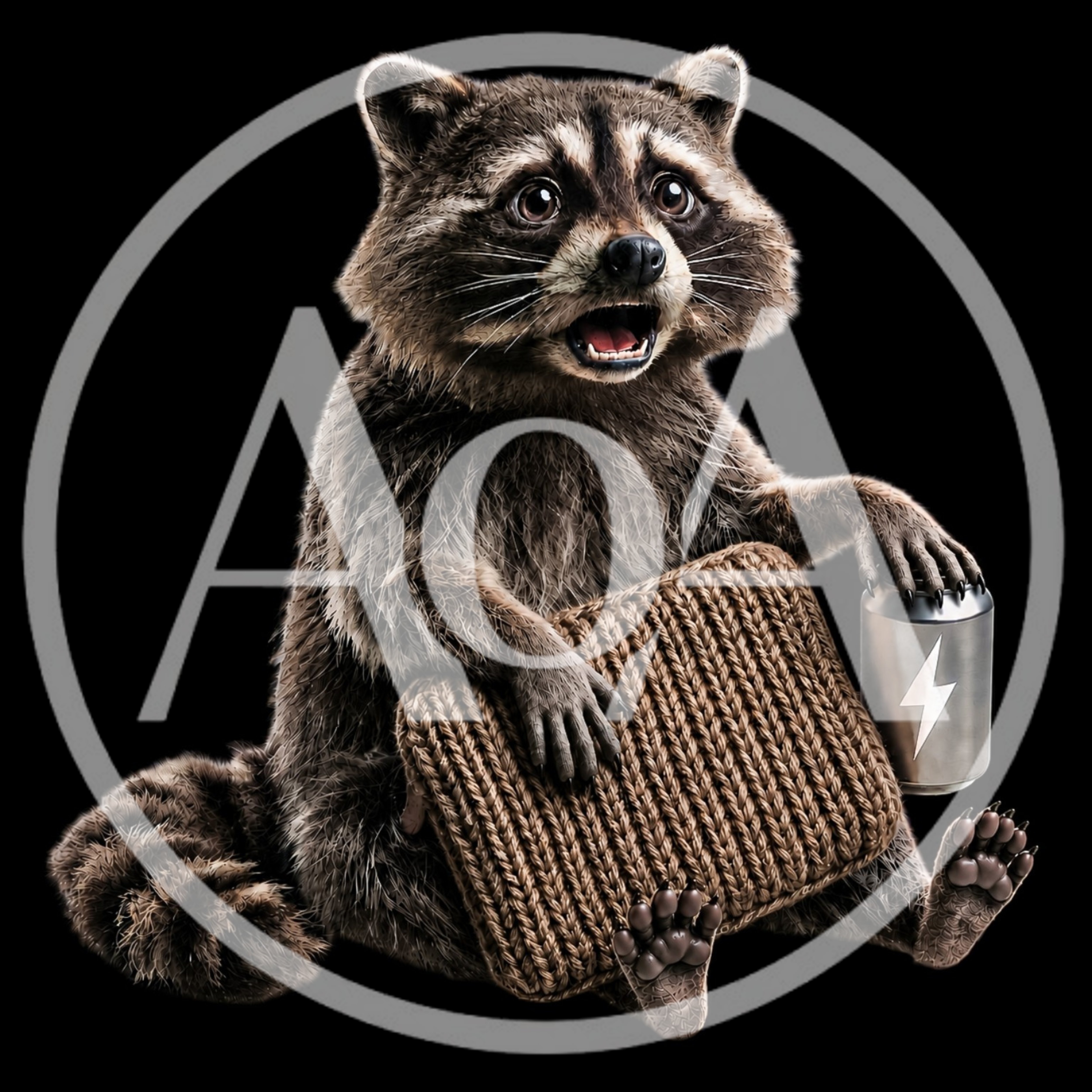 Surprised Raccoon Holding A Knitted Laptop Case And Battery