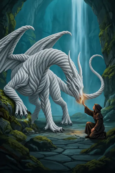 Monk Touching A Mystical White Dragon In A Cave