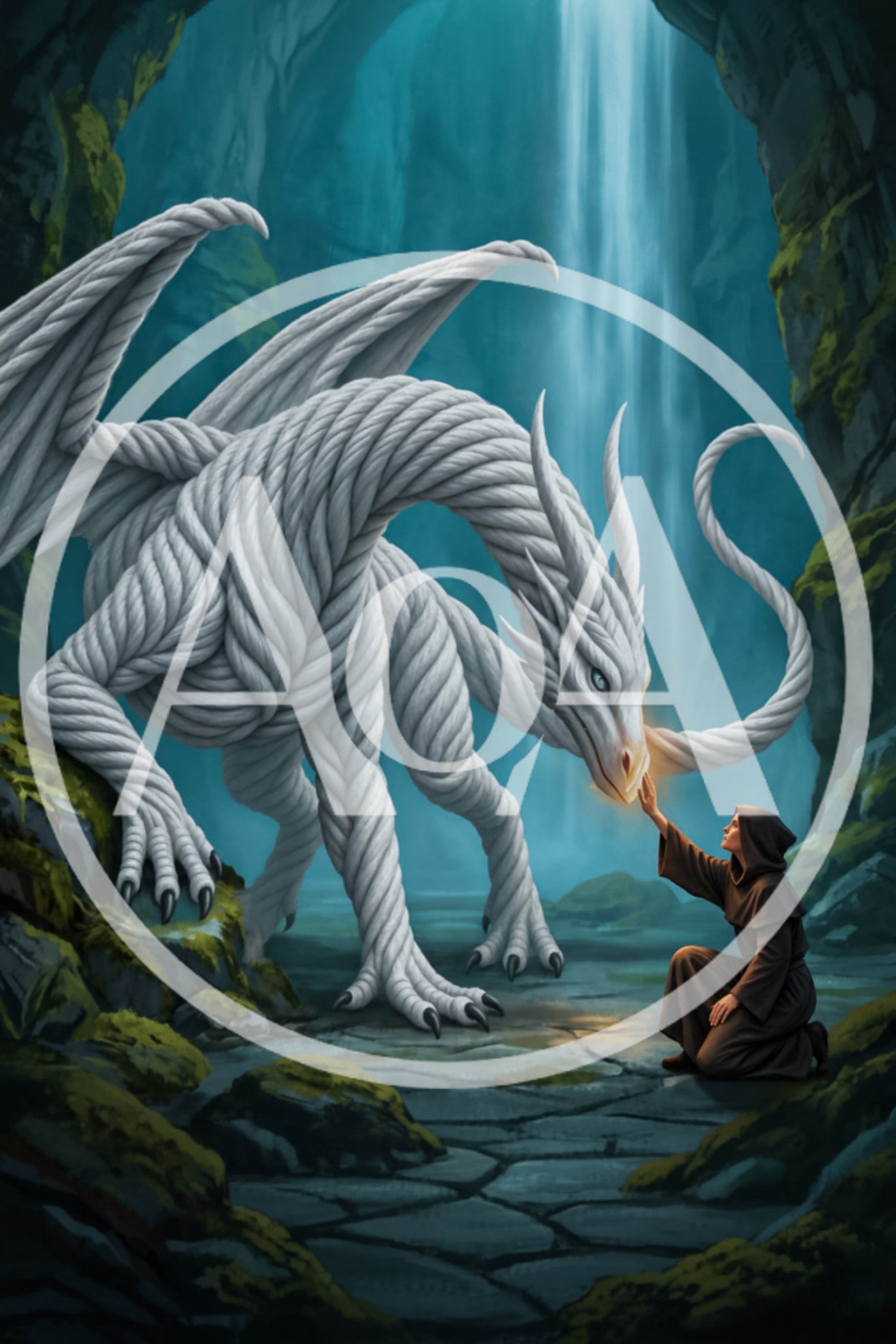 Monk Touching A Mystical White Dragon In A Cave