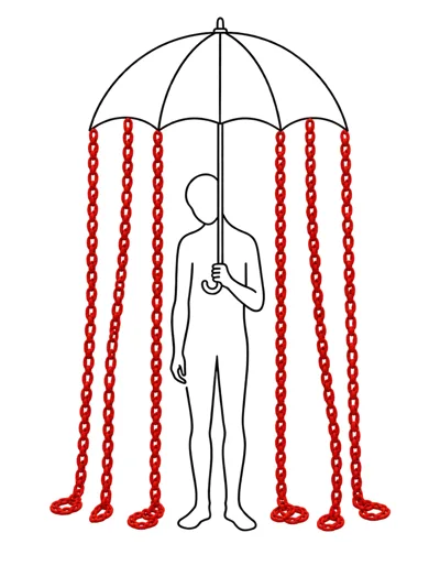 Minimalist Illustration Of A Person Under A Chain Umbrella