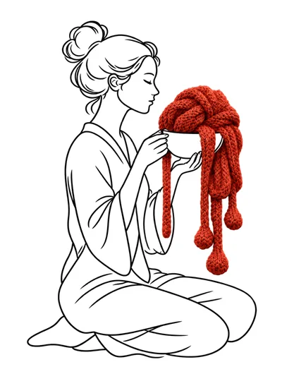 Line Art Illustration Of Woman Holding Red Knitted Yarn