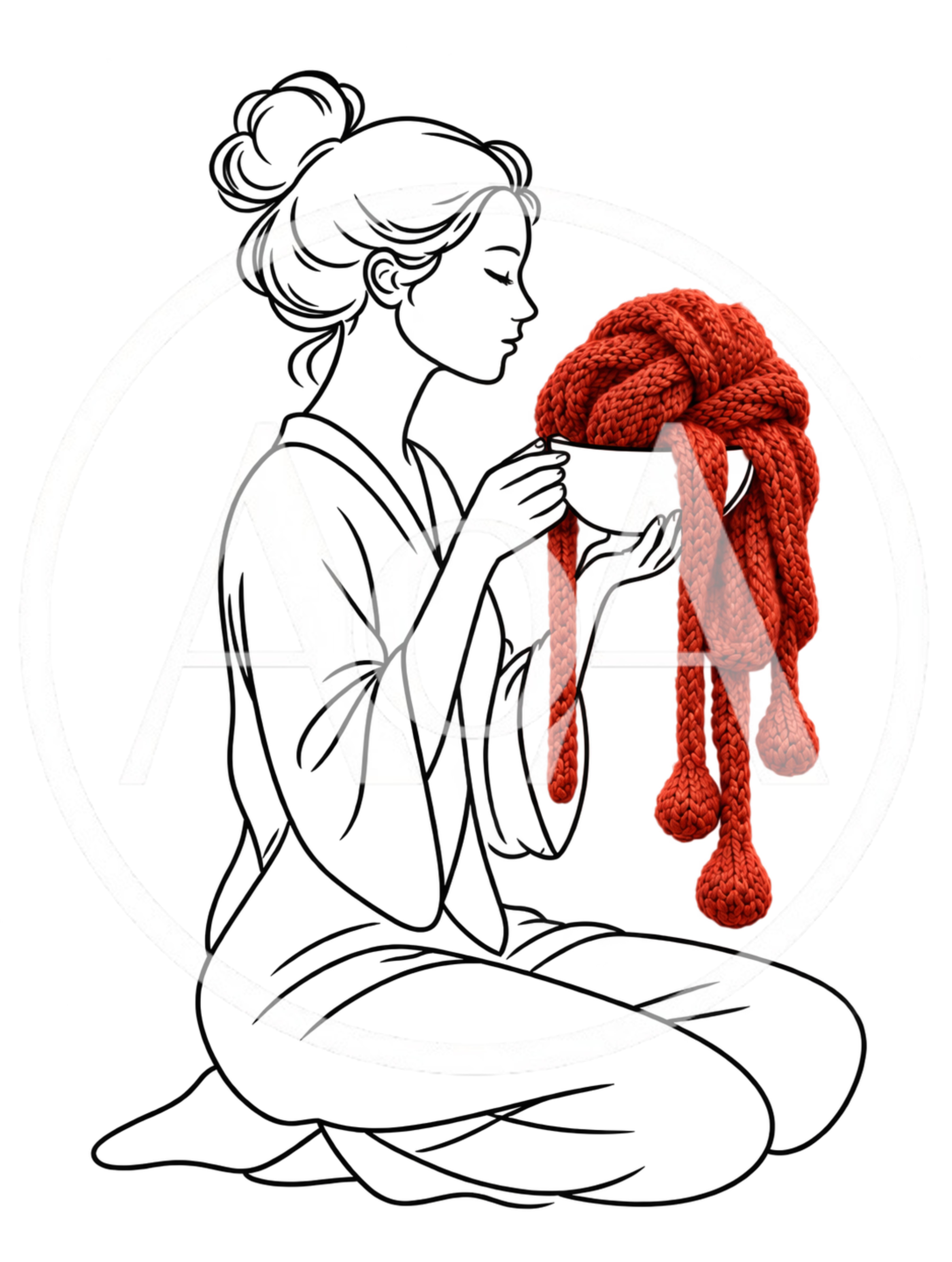 Line Art Illustration Of Woman Holding Red Knitted Yarn