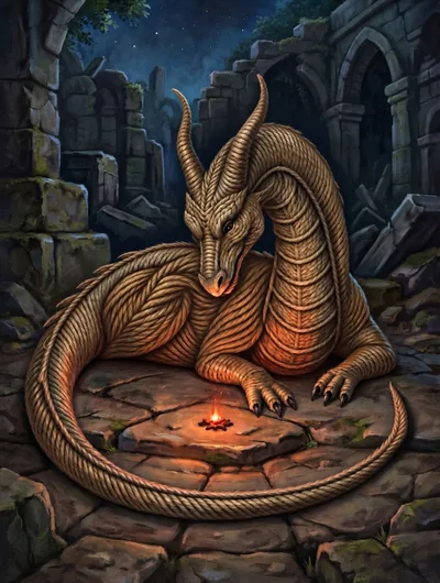 Golden Dragon Resting Beside A Small Magical Fire