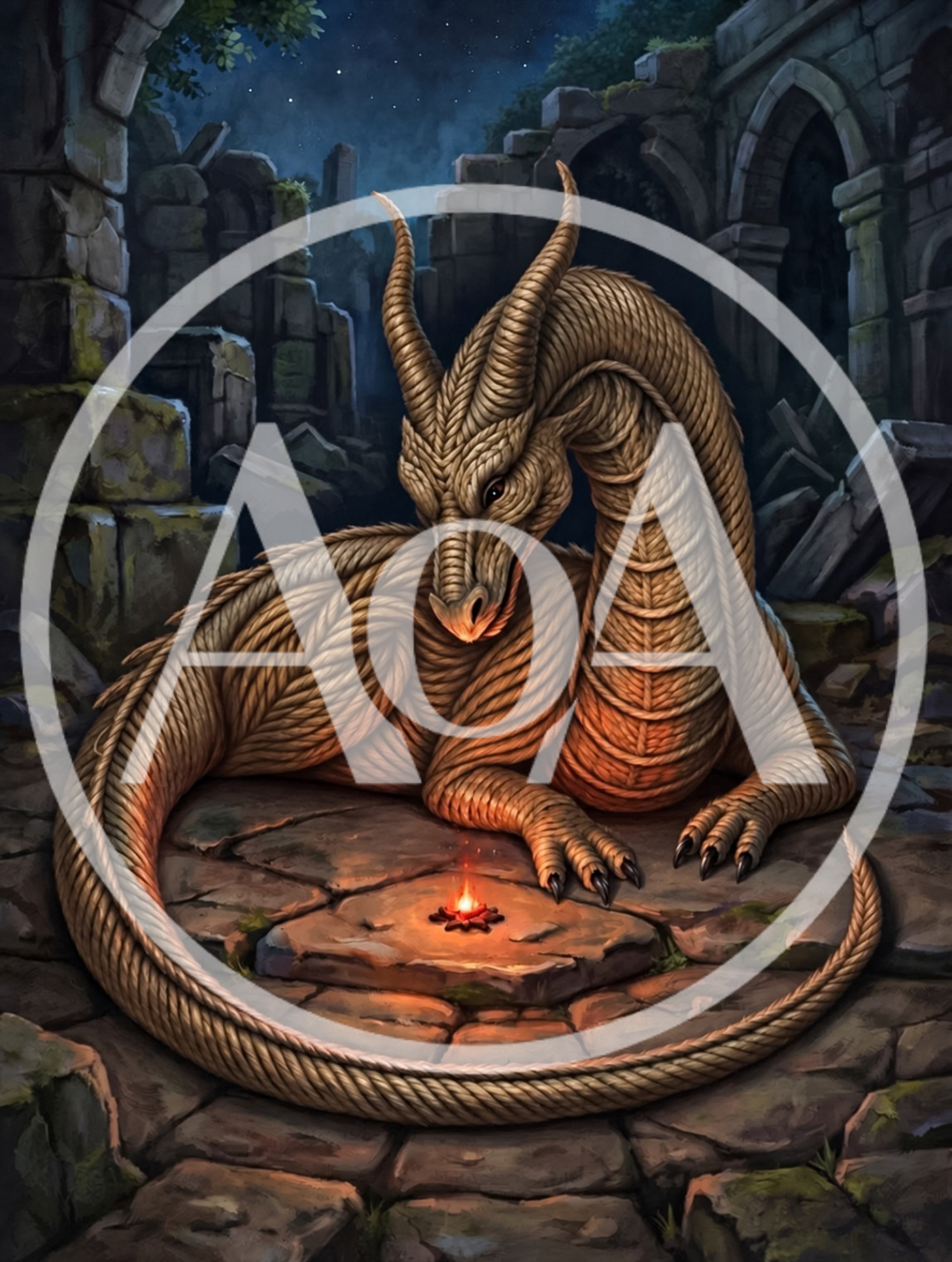 Golden Dragon Resting Beside A Small Magical Fire