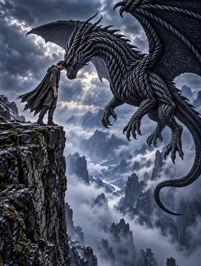 Man Connecting With A Majestic Dragon On A Cliff