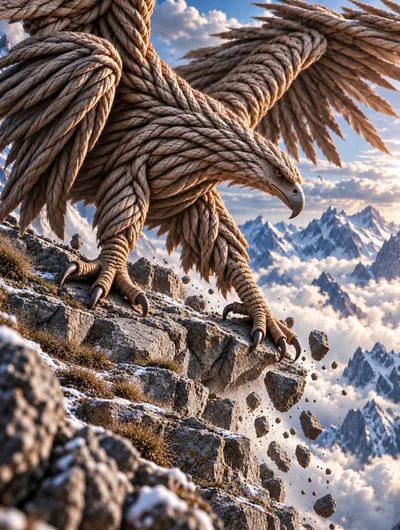Majestic Eagle Made Of Rope Perched On Mountain Cliff