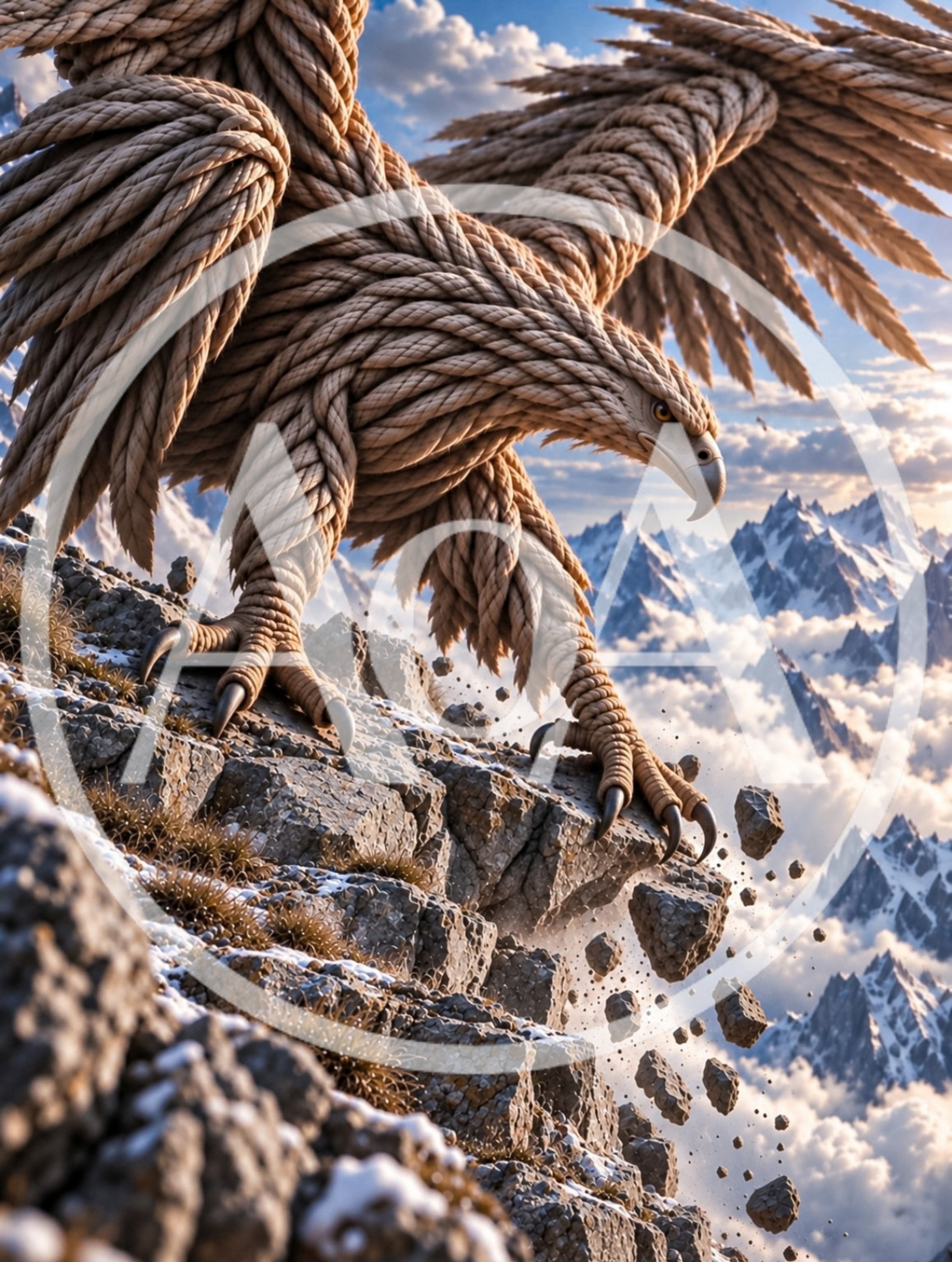Majestic Eagle Made Of Rope Perched On Mountain Cliff