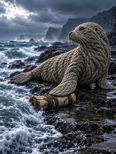 Surreal Rope Texture Seal Holding Ancient Scroll