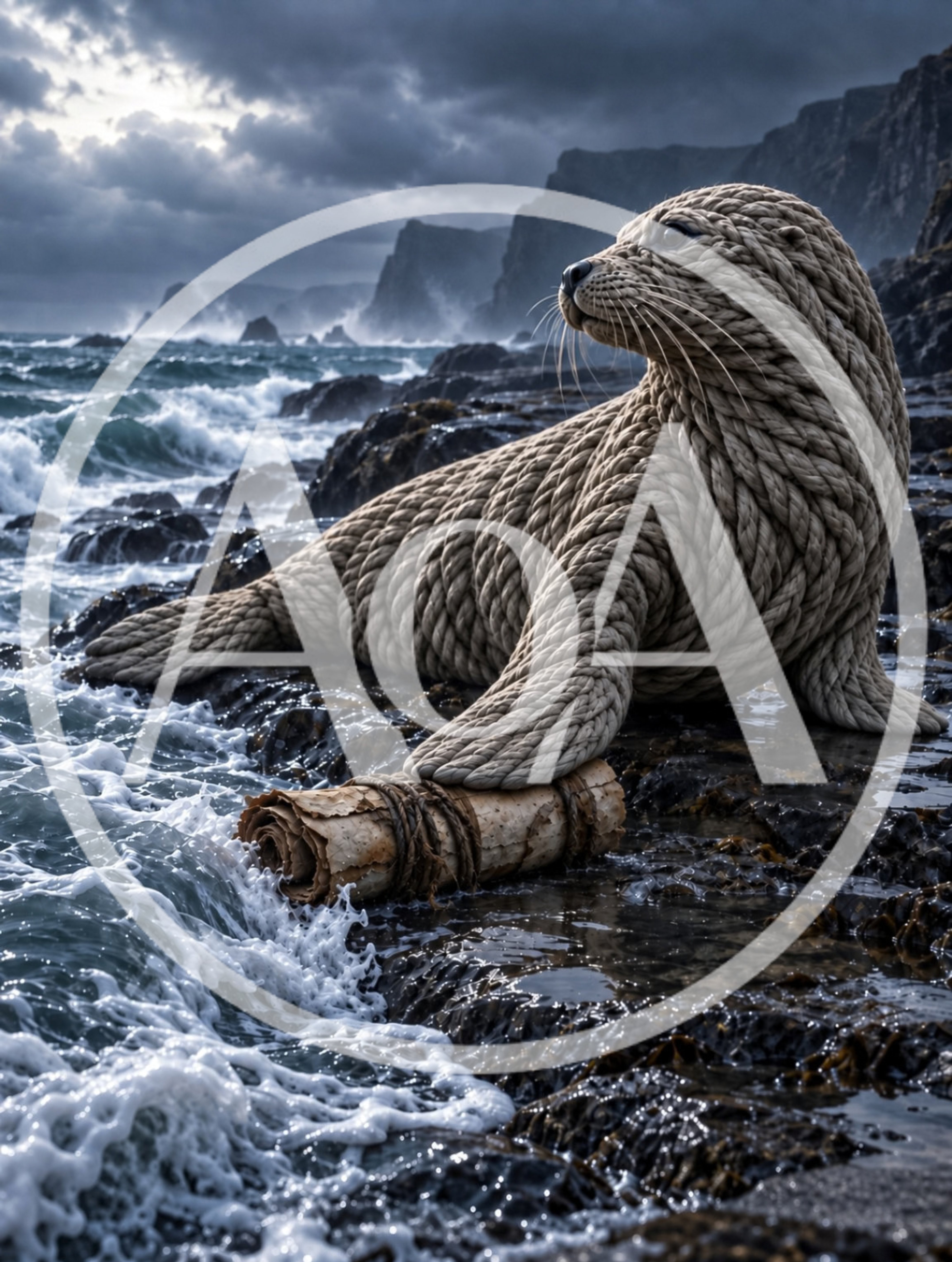 Surreal Rope Texture Seal Holding Ancient Scroll