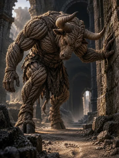 Minotaur Made Of Rope In Ancient Stone Ruins