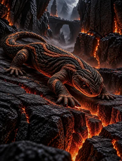 Lava Lizard Crawling Over Volcanic Rock Terrain