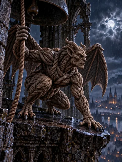 Rope Gargoyle Creature Ringing A Gothic Bell