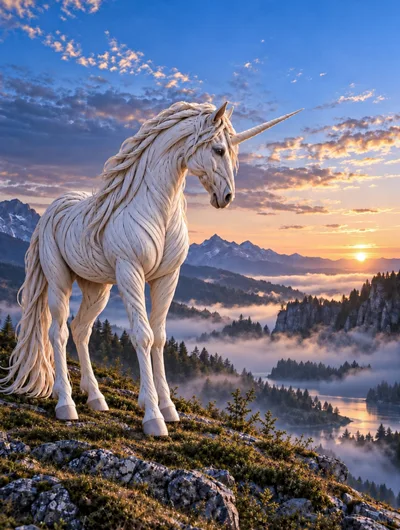 Majestic White Unicorn Standing On A Mountain Ridge