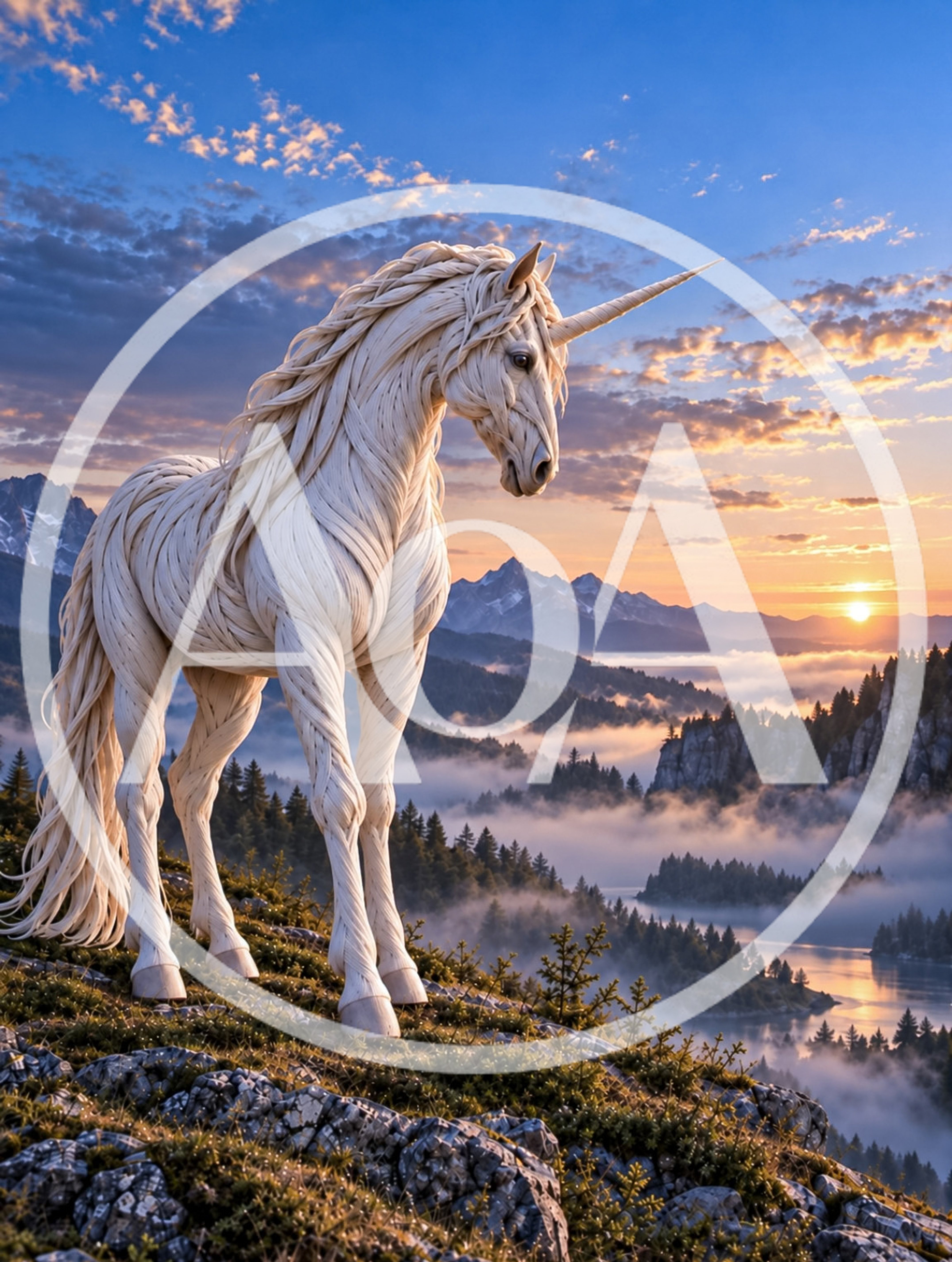 Majestic White Unicorn Standing On A Mountain Ridge